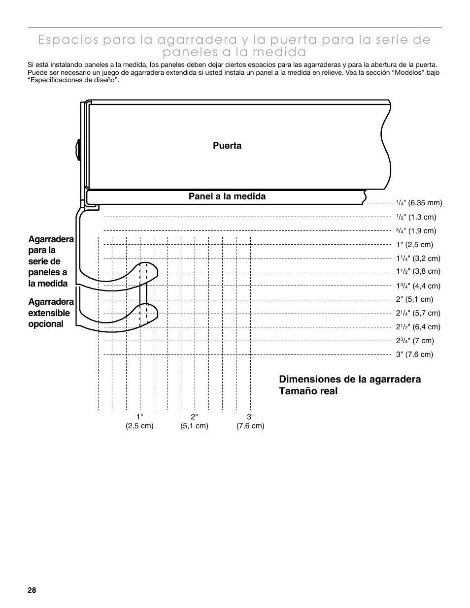 Dimensiones de la agarradera tamaño real, Puerta panel a la medida | Thermador KBUIT4250A User Manual | Page 28 / 64