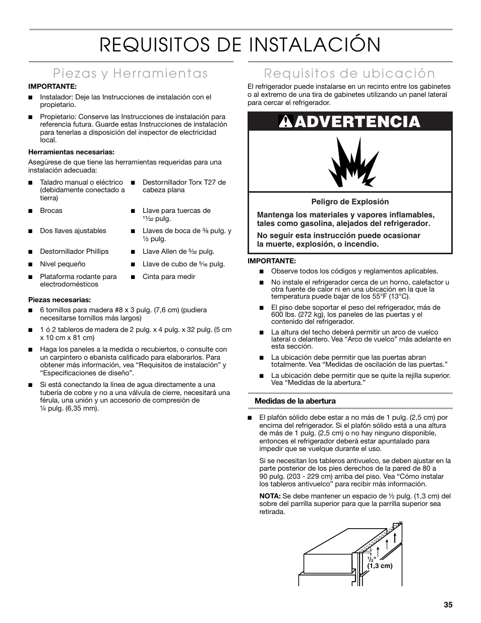 Requisitos de instalación, Advertencia | Thermador KBUIT4250A User Manual | Page 35 / 64