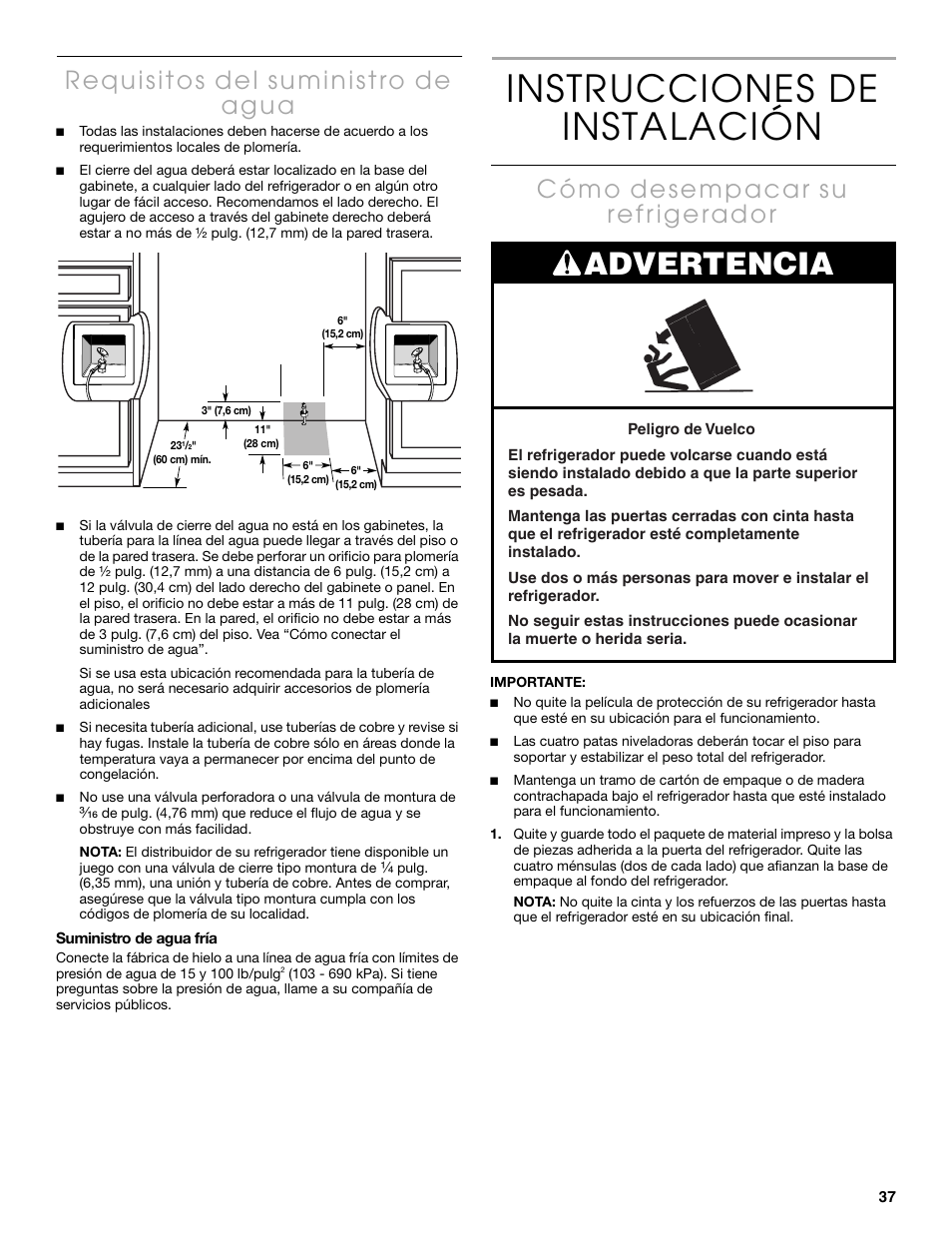 Instrucciones de instalación, Advertencia | Thermador KBUIT4250A User Manual | Page 37 / 64