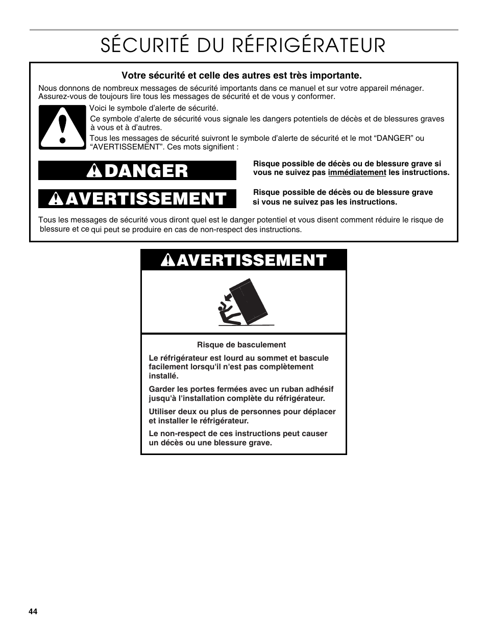 Sécurité du réfrigérateur, Danger, Avertissement | Thermador KBUIT4250A User Manual | Page 44 / 64
