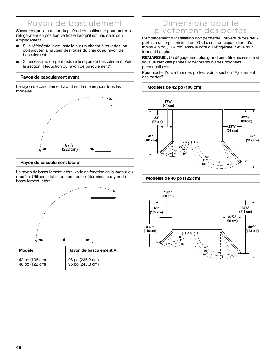 Rayon de basculement avant, Rayon de basculement latéral | Thermador KBUIT4250A User Manual | Page 48 / 64