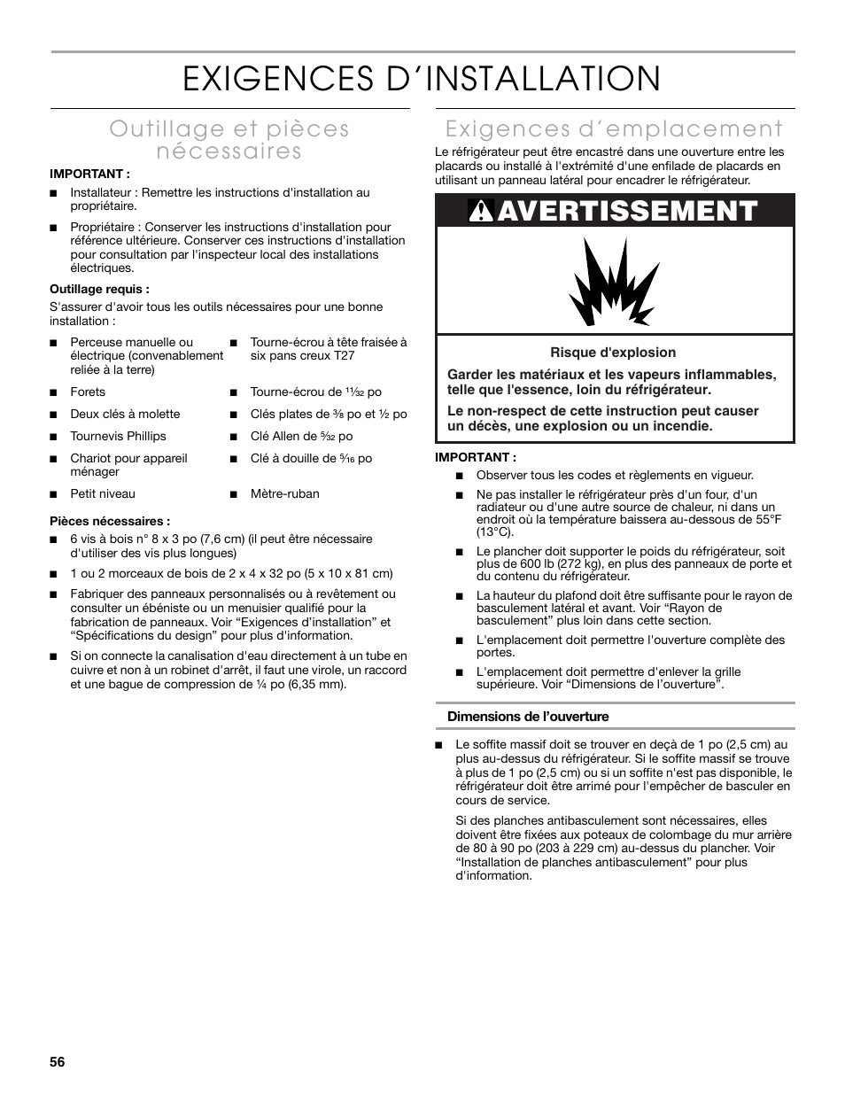 Exigences d’installation, Avertissement | Thermador KBUIT4250A User Manual | Page 56 / 64