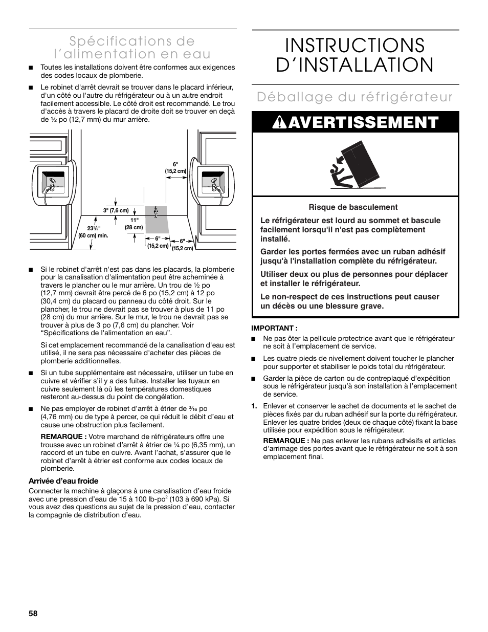 Instructions d’installation, Avertissement | Thermador KBUIT4250A User Manual | Page 58 / 64