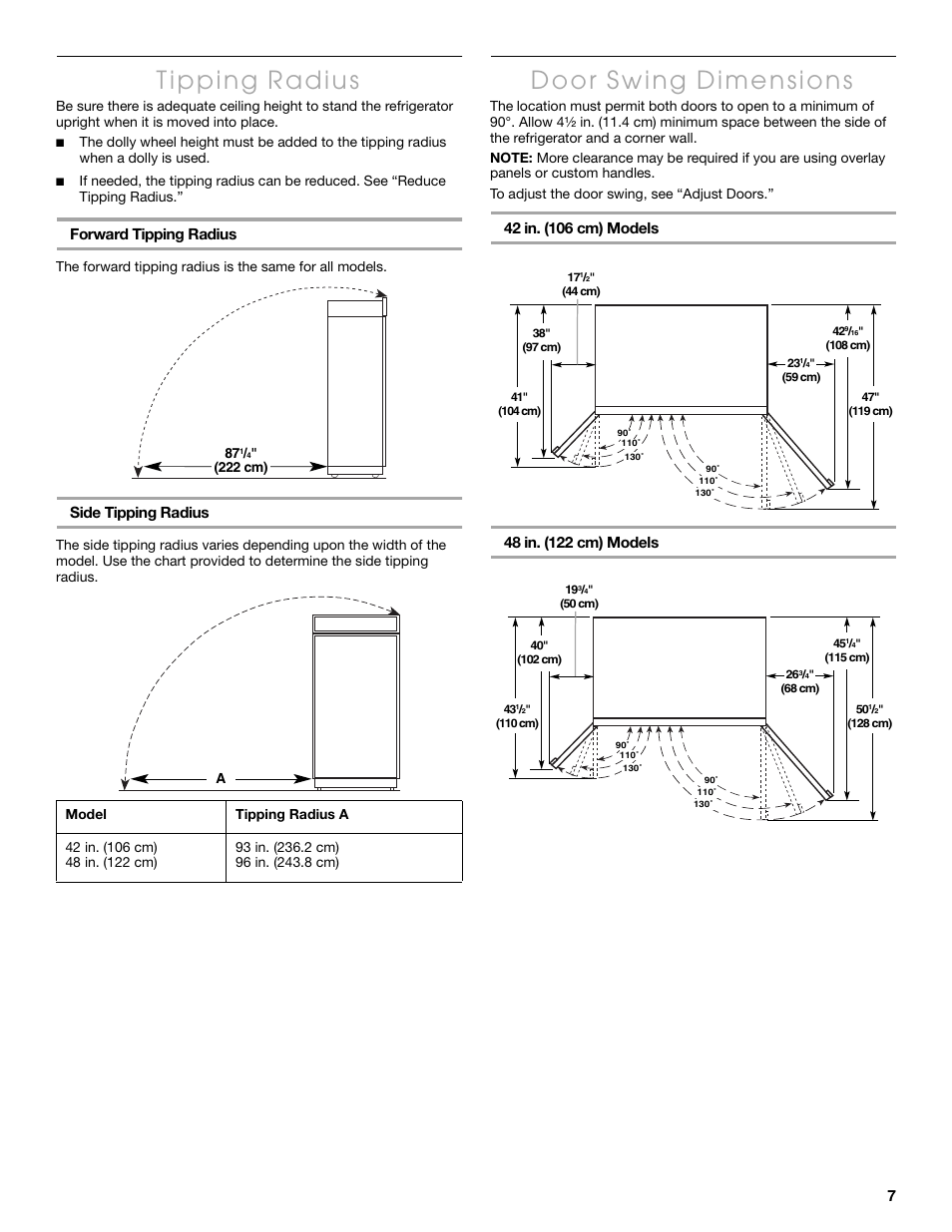 Forward tipping radius, Side tipping radius | Thermador KBUIT4250A User Manual | Page 7 / 64
