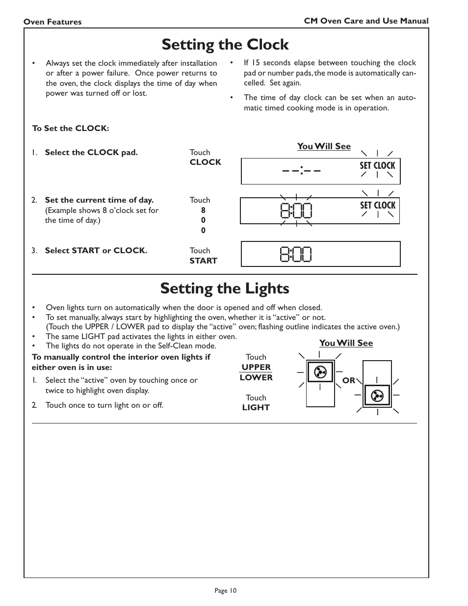 Setting the clock, Setting the lights | Thermador CM302 User Manual | Page 12 / 64