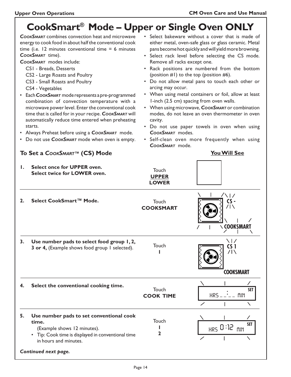 Cooksmart, Mode – upper or single oven only | Thermador CM302 User Manual | Page 16 / 64