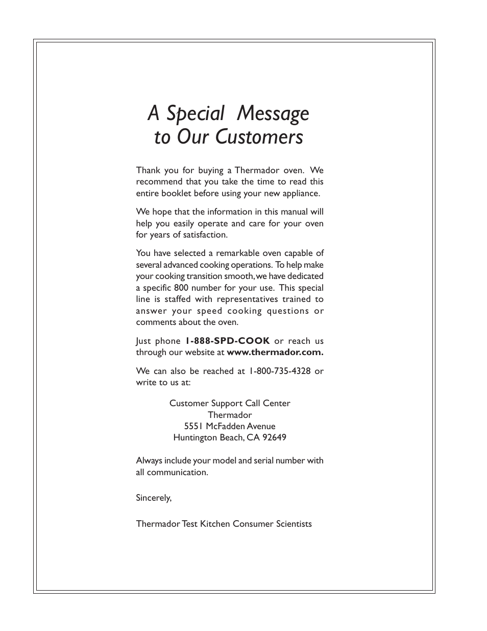 A special message to our customers | Thermador CM302 User Manual | Page 2 / 64