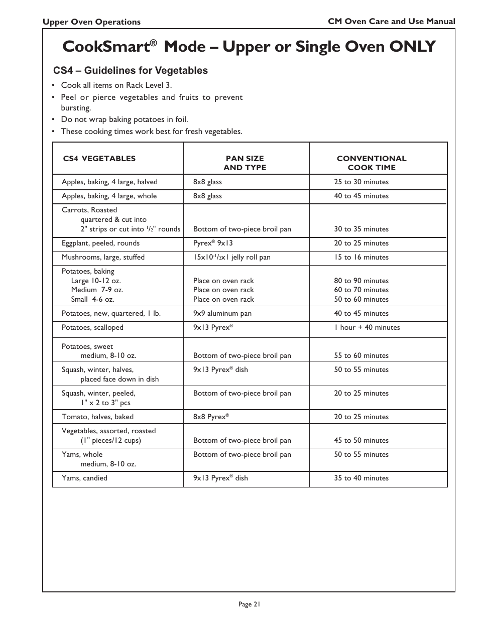 Cooksmart, Mode – upper or single oven only, Cs4 – guidelines for vegetables | Thermador CM302 User Manual | Page 23 / 64