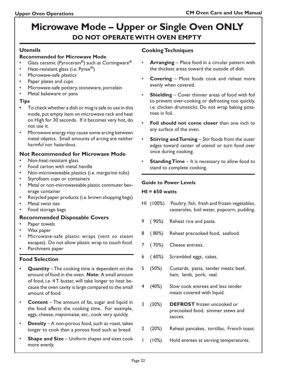 Microwave mode – upper or single oven only, Do not operate with oven empty | Thermador CM302 User Manual | Page 24 / 64