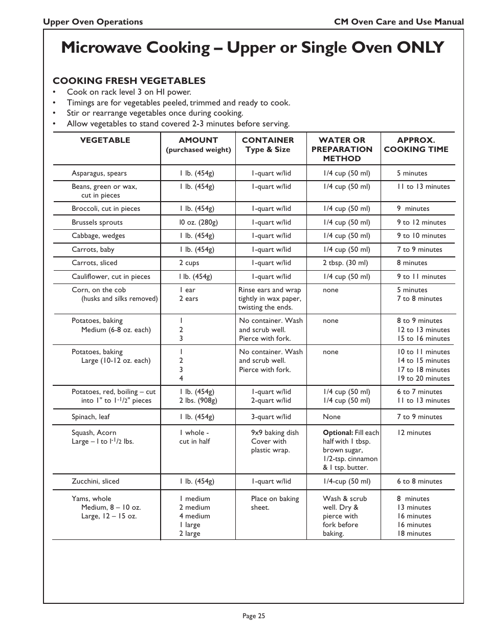 Microwave cooking – upper or single oven only, Cooking fresh vegetables | Thermador CM302 User Manual | Page 27 / 64