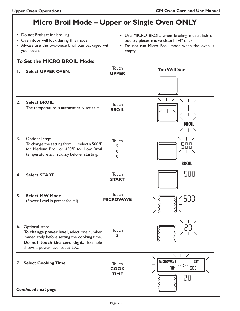 Micro broil mode – upper or single oven only | Thermador CM302 User Manual | Page 30 / 64