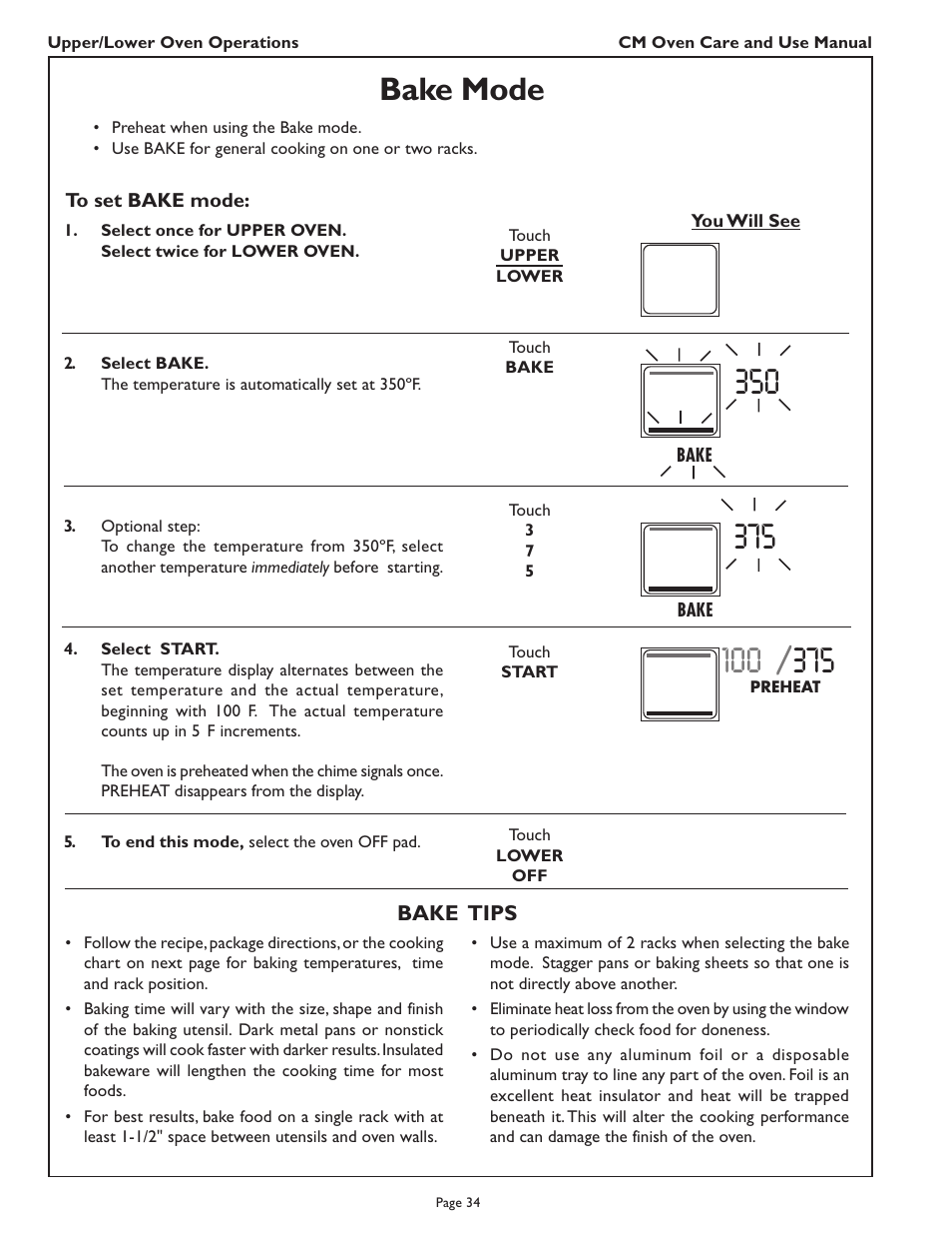 Bake mode | Thermador CM302 User Manual | Page 36 / 64