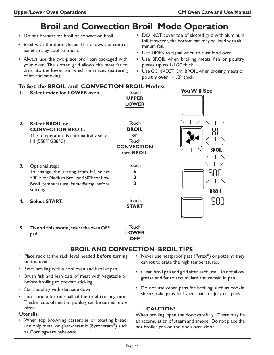 Broil and convection broil mode operation | Thermador CM302 User Manual | Page 46 / 64