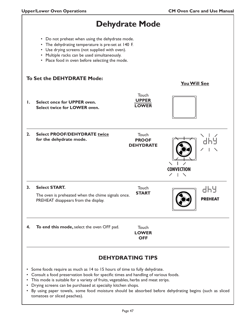 D h y, Dehydrate mode | Thermador CM302 User Manual | Page 49 / 64