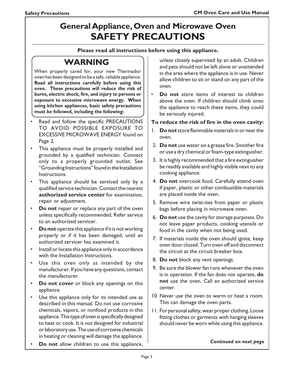 Safety precautions, General appliance, oven and microwave oven, Warning | Thermador CM302 User Manual | Page 5 / 64