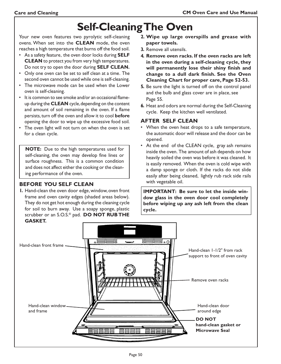 Self-cleaning the oven | Thermador CM302 User Manual | Page 52 / 64