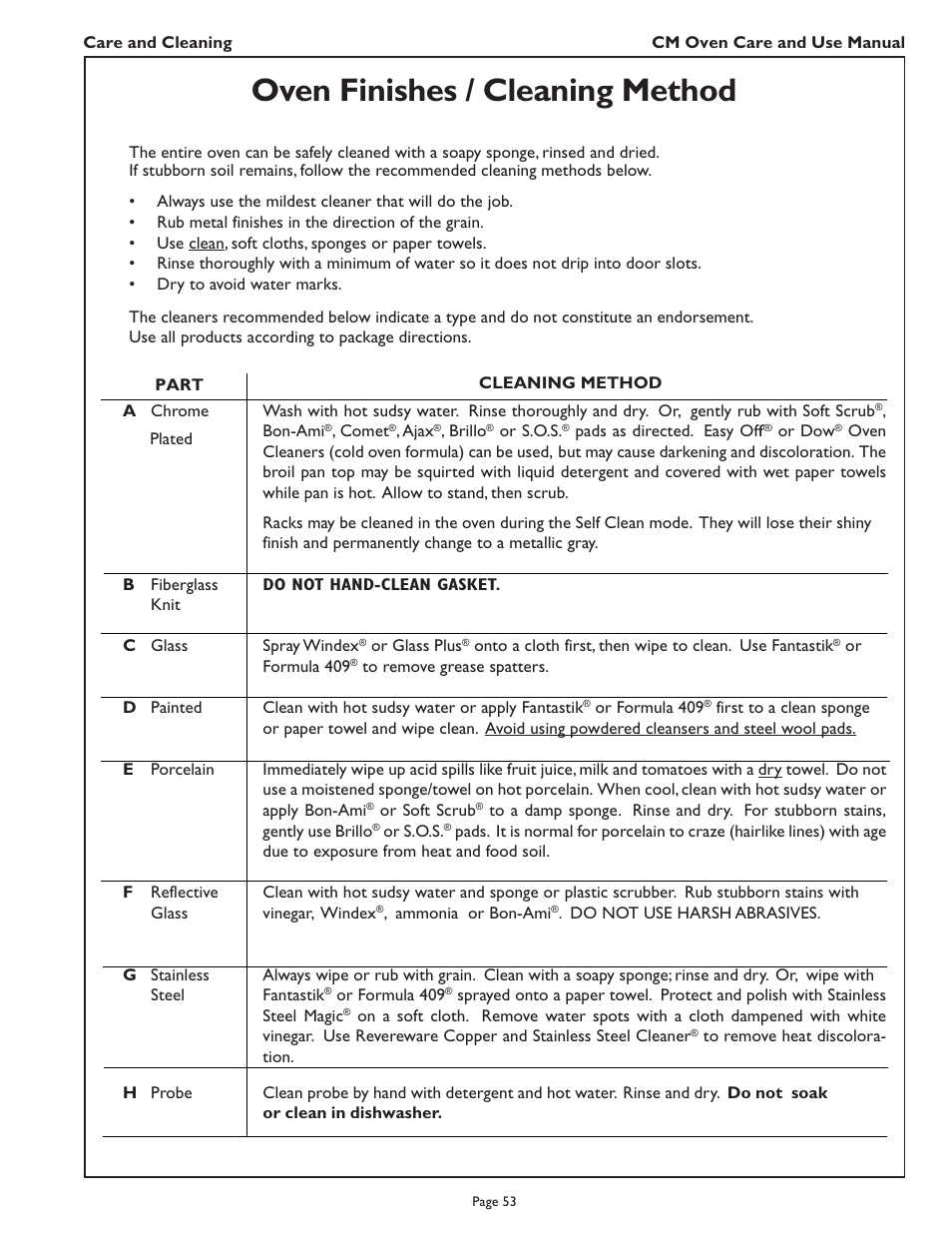 Oven finishes / cleaning method | Thermador CM302 User Manual | Page 55 / 64