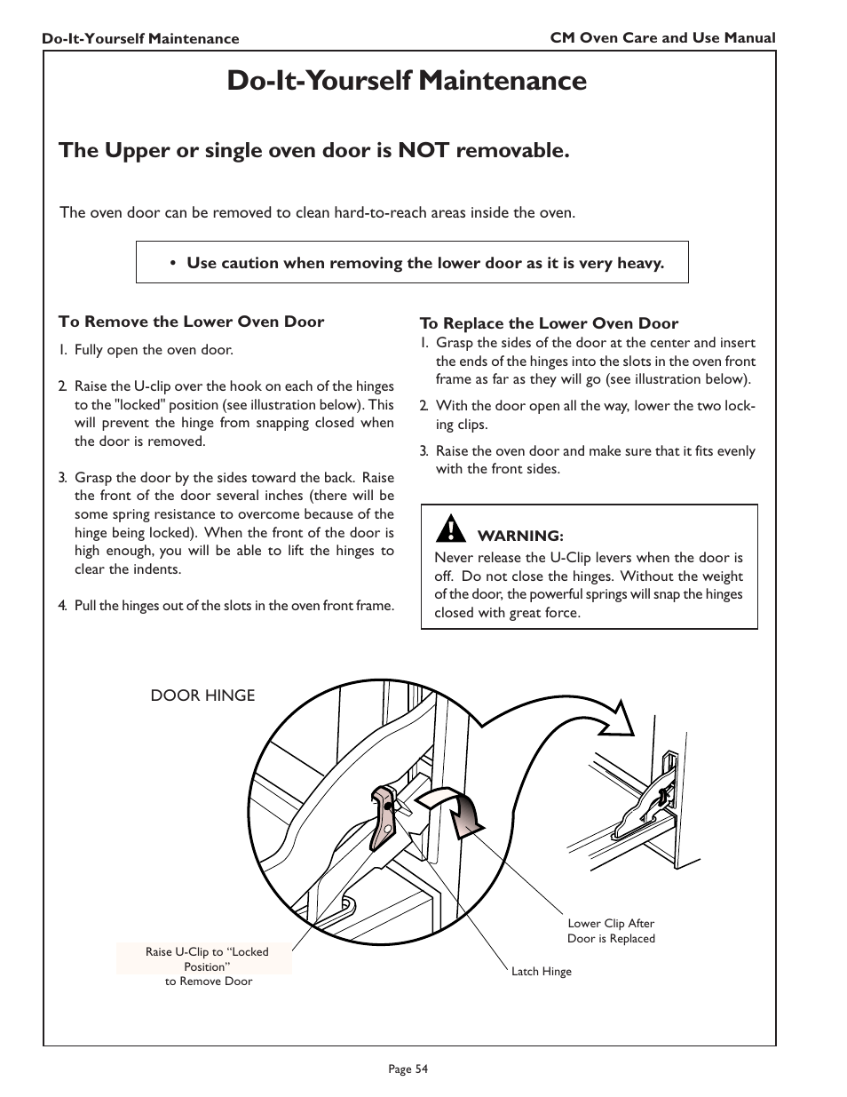 Do-it-yourself maintenance, The upper or single oven door is not removable | Thermador CM302 User Manual | Page 56 / 64