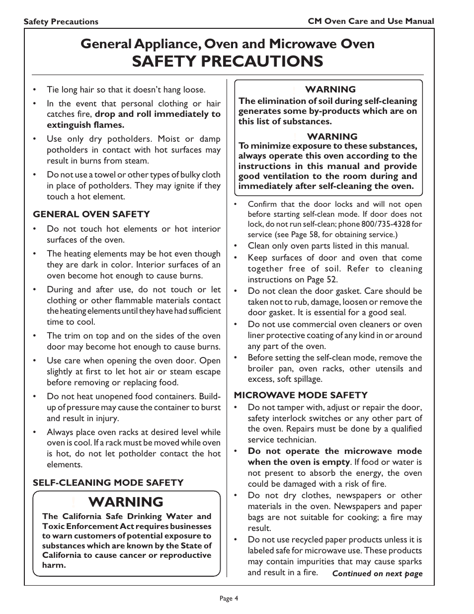 Safety precautions, General appliance, oven and microwave oven, Warning | Thermador CM302 User Manual | Page 6 / 64