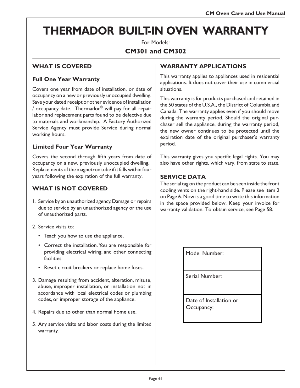 Thermador, Built-in oven warranty | Thermador CM302 User Manual | Page 63 / 64