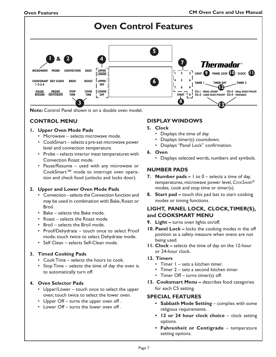 Oven control features, Control menu, Number pads | Special features, Display windows | Thermador CM302 User Manual | Page 9 / 64