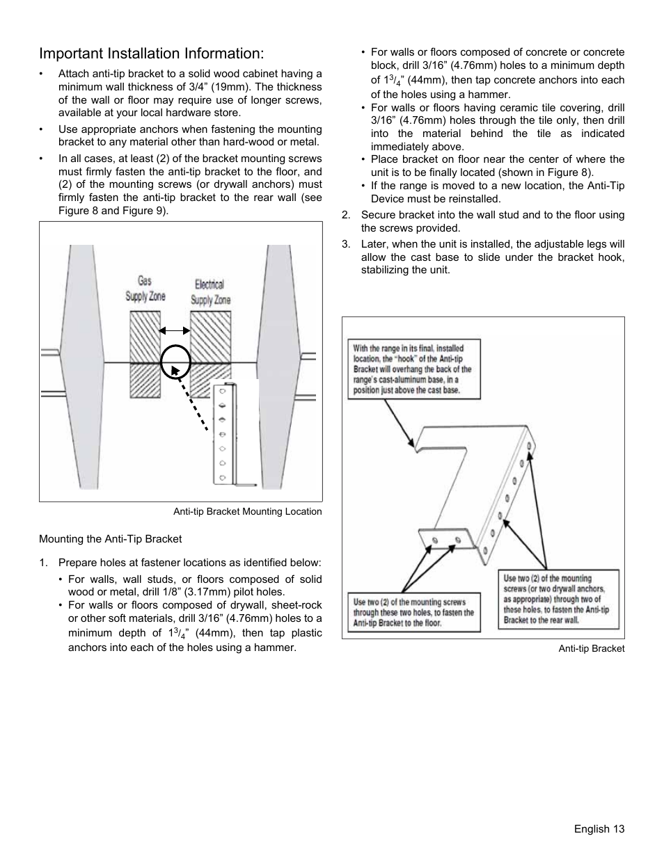 Important installation information, Figure 8: anti-tip bracket mounting location, Mounting the anti-tip bracket | Figure 9: anti-tip bracket | Thermador PRO GRAND PRD48 User Manual | Page 15 / 97