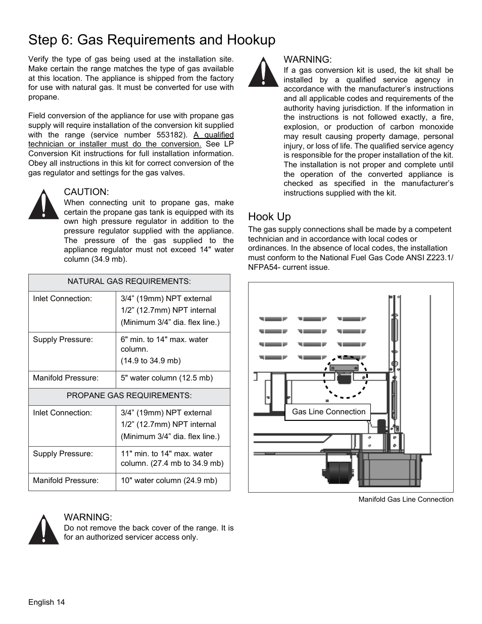 Step 6: gas requirements and hookup, Caution, Natural gas requirements | Propane gas requirements, Warning, Hook up, Figure 10: manifold gas line connection, Requirements and hookup”, “step | Thermador PRO GRAND PRD48 User Manual | Page 16 / 97