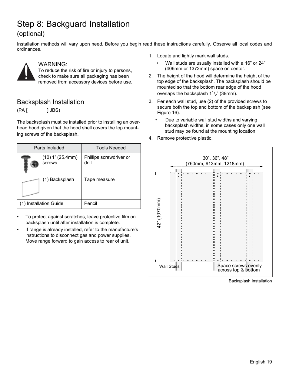 Step 8: backguard installation (optional), Backsplash installation, Locate and lightly mark wall studs | Remove protective plastic, Figure 16: backsplash installation, Step 8: backguard installation (optional)” must be, Step 8: backguard installation, Optional) | Thermador PRO GRAND PRD48 User Manual | Page 21 / 97