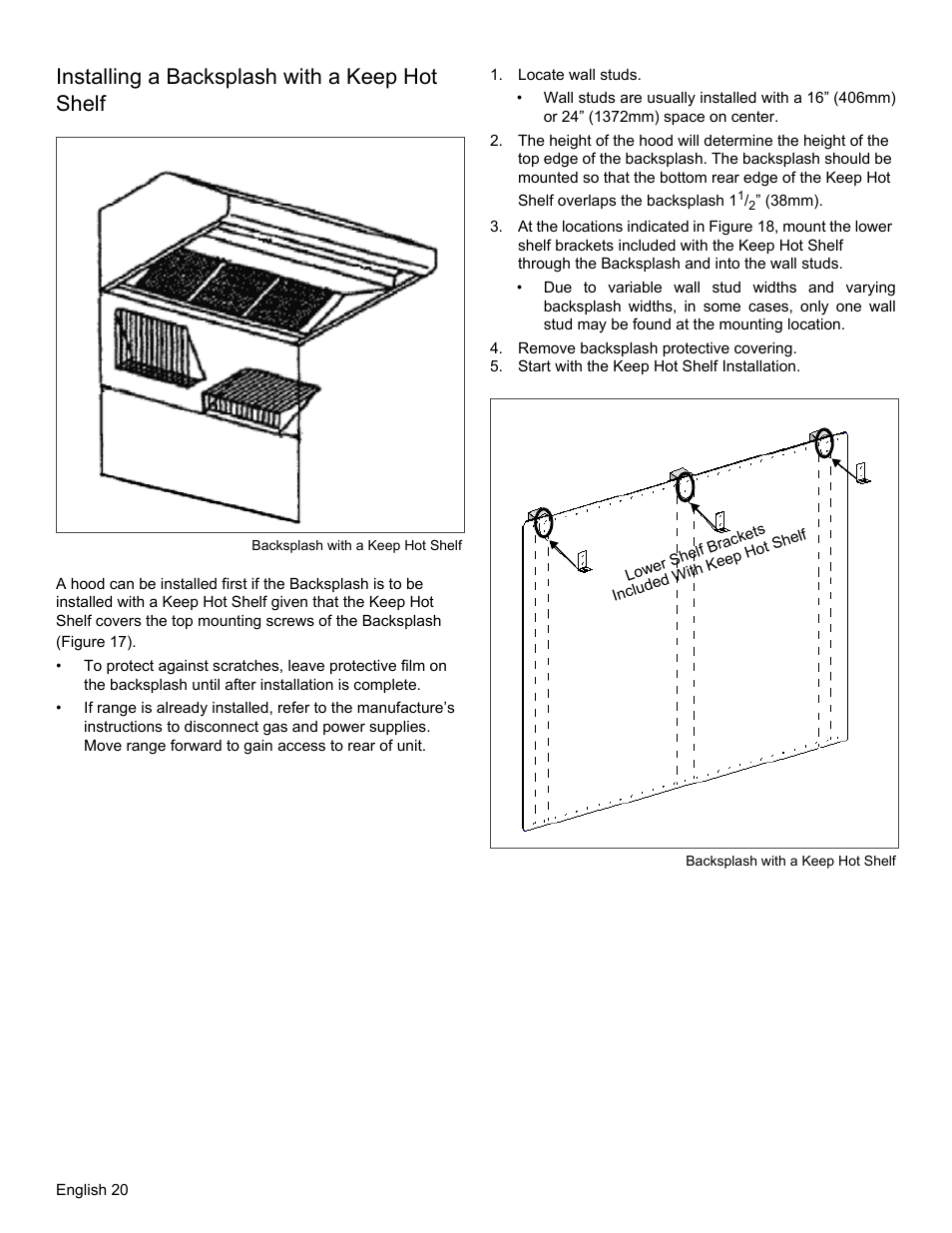 Installing a backsplash with a keep hot shelf, Figure 17: backsplash with a keep hot shelf, Locate wall studs | Remove backsplash protective covering, Start with the keep hot shelf installation, Figure 18: backsplash with a keep hot shelf | Thermador PRO GRAND PRD48 User Manual | Page 22 / 97