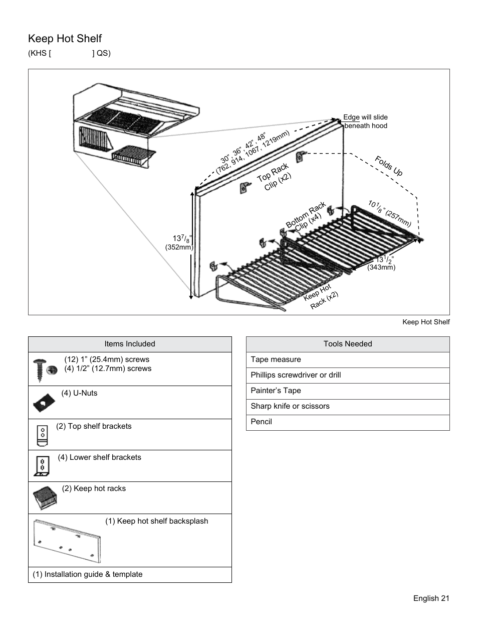 Keep hot shelf (khs [30,36,42,48] qs), Figure 19: keep hot shelf, Keep hot shelf | Thermador PRO GRAND PRD48 User Manual | Page 23 / 97