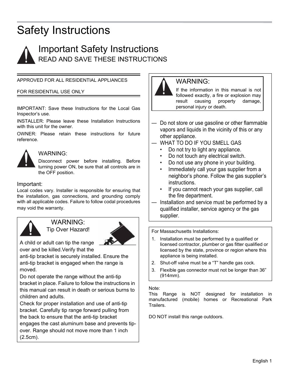 Safety instructions, Important safety instructions, Read and save these instructions | Warning, Important, Warning: tip over hazard, For massachusetts installations, Shut-off valve must be a “t” handle gas cock, Note | Thermador PRO GRAND PRD48 User Manual | Page 3 / 97