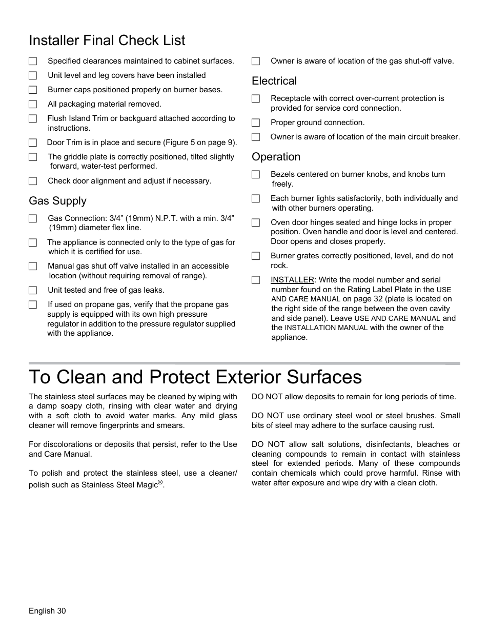 Installer final check list, Gas supply, Electrical | Operation, To clean and protect exterior surfaces | Thermador PRO GRAND PRD48 User Manual | Page 32 / 97