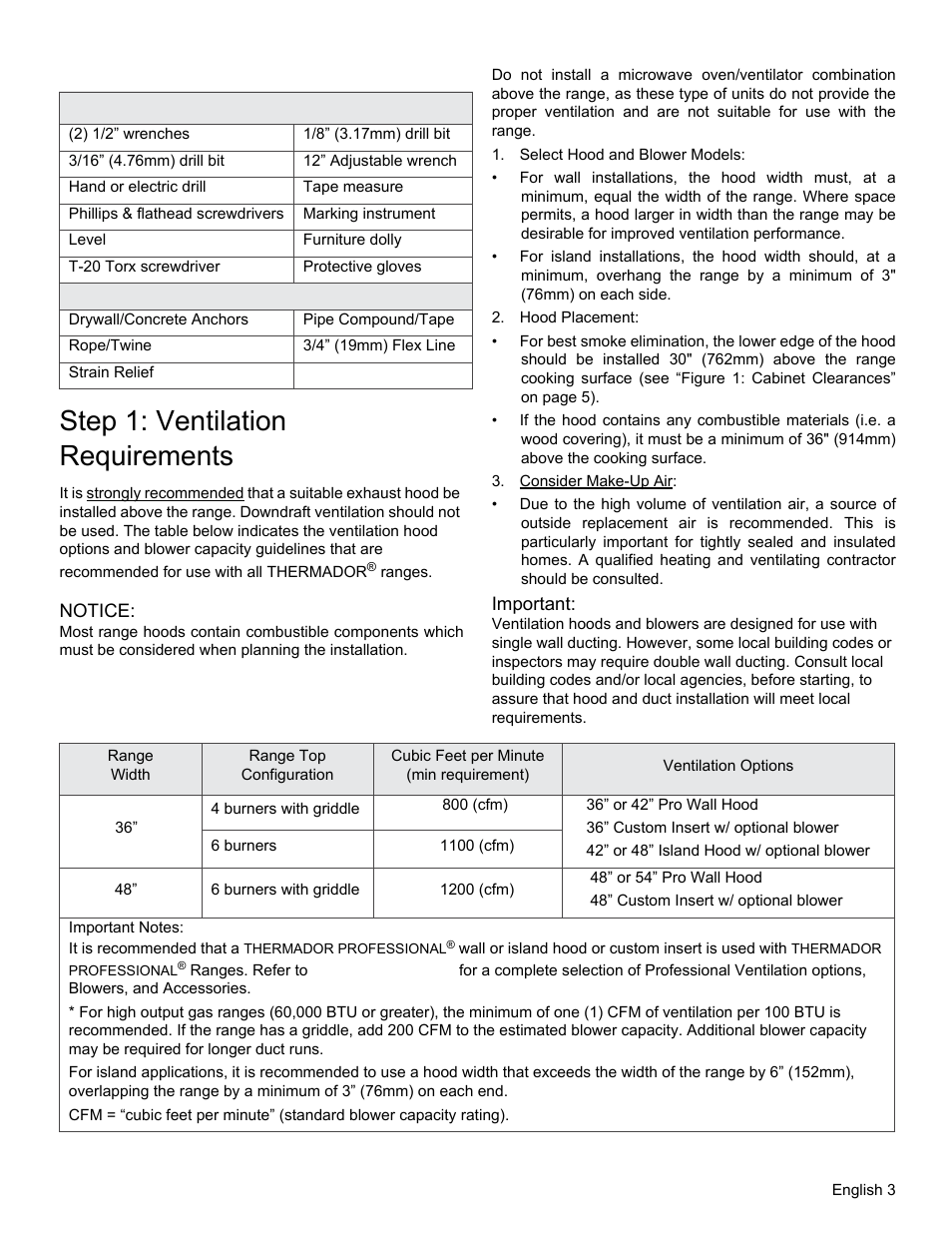 Step 1: ventilation requirements, Notice, Select hood and blower models | Hood placement, Consider make-up air, Important notes | Thermador PRO GRAND PRD48 User Manual | Page 5 / 97