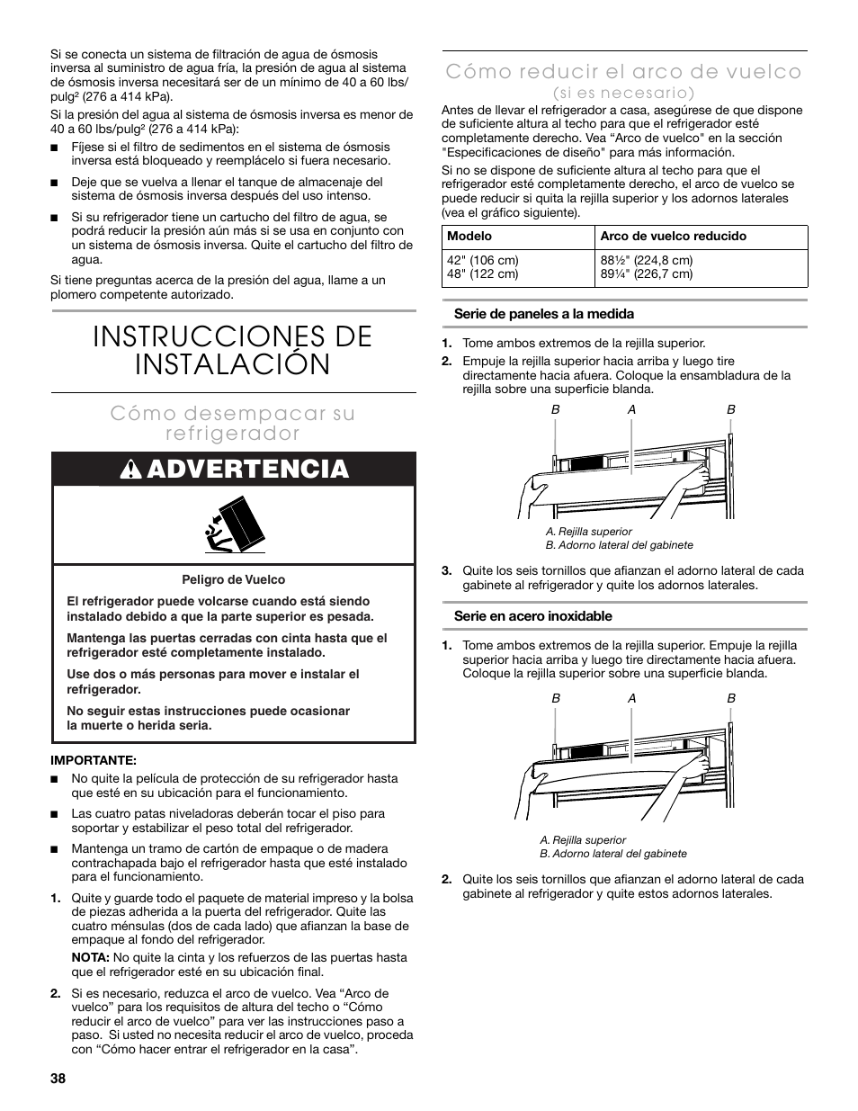 Instrucciones de instalación, Advertencia | Thermador KBUDT4865E User Manual | Page 38 / 68