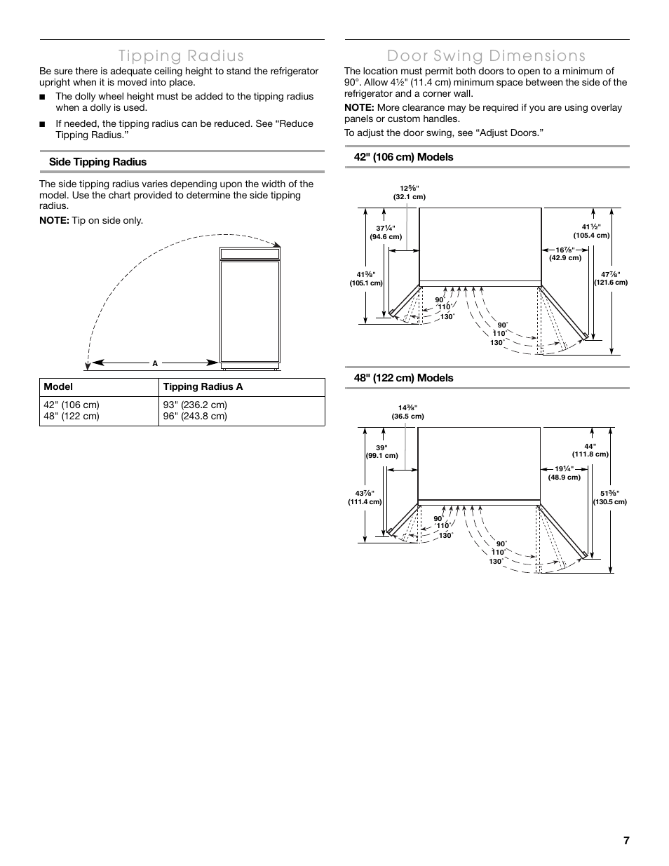 Side tipping radius | Thermador KBUDT4865E User Manual | Page 7 / 68