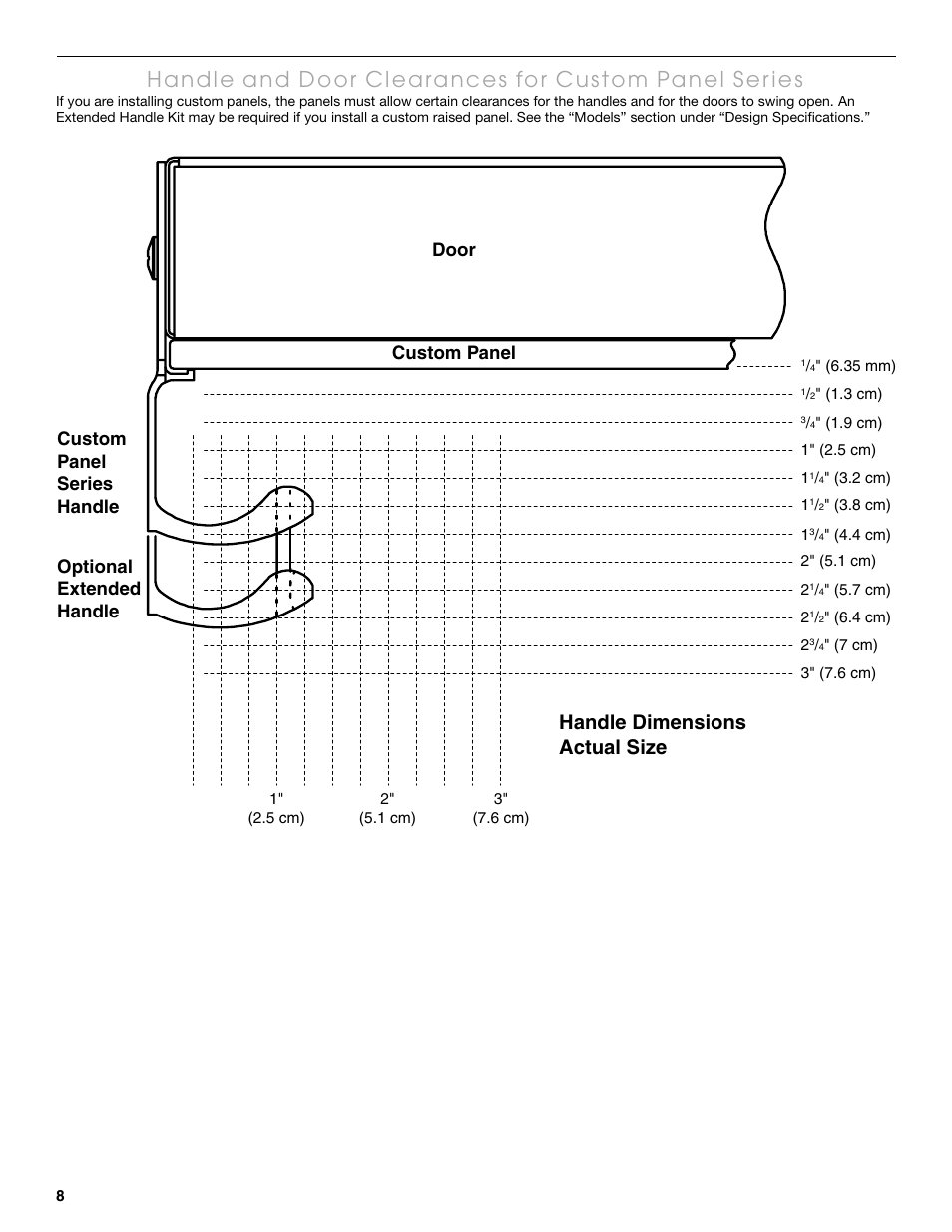 Handle dimensions actual size, Door custom panel | Thermador KBUDT4865E User Manual | Page 8 / 68