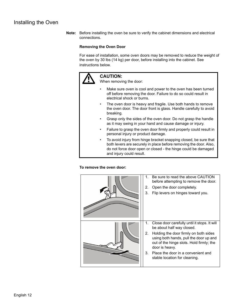 Installing the oven, Note, Open the door completely | Flip levers on hinges toward you | Thermador MEMC301 User Manual | Page 14 / 44