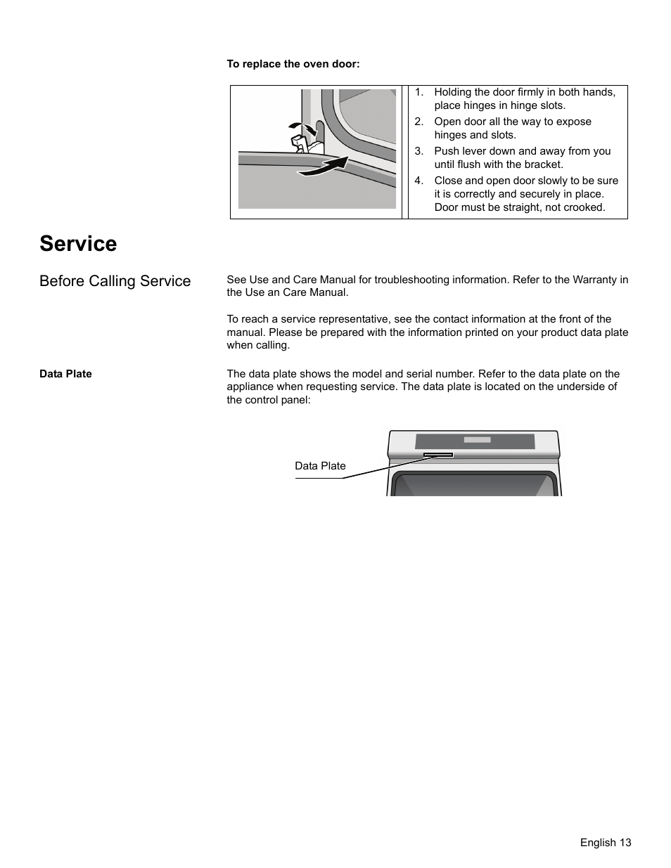Open door all the way to expose hinges and slots, Service, Before calling service | Data plate | Thermador MEMC301 User Manual | Page 15 / 44