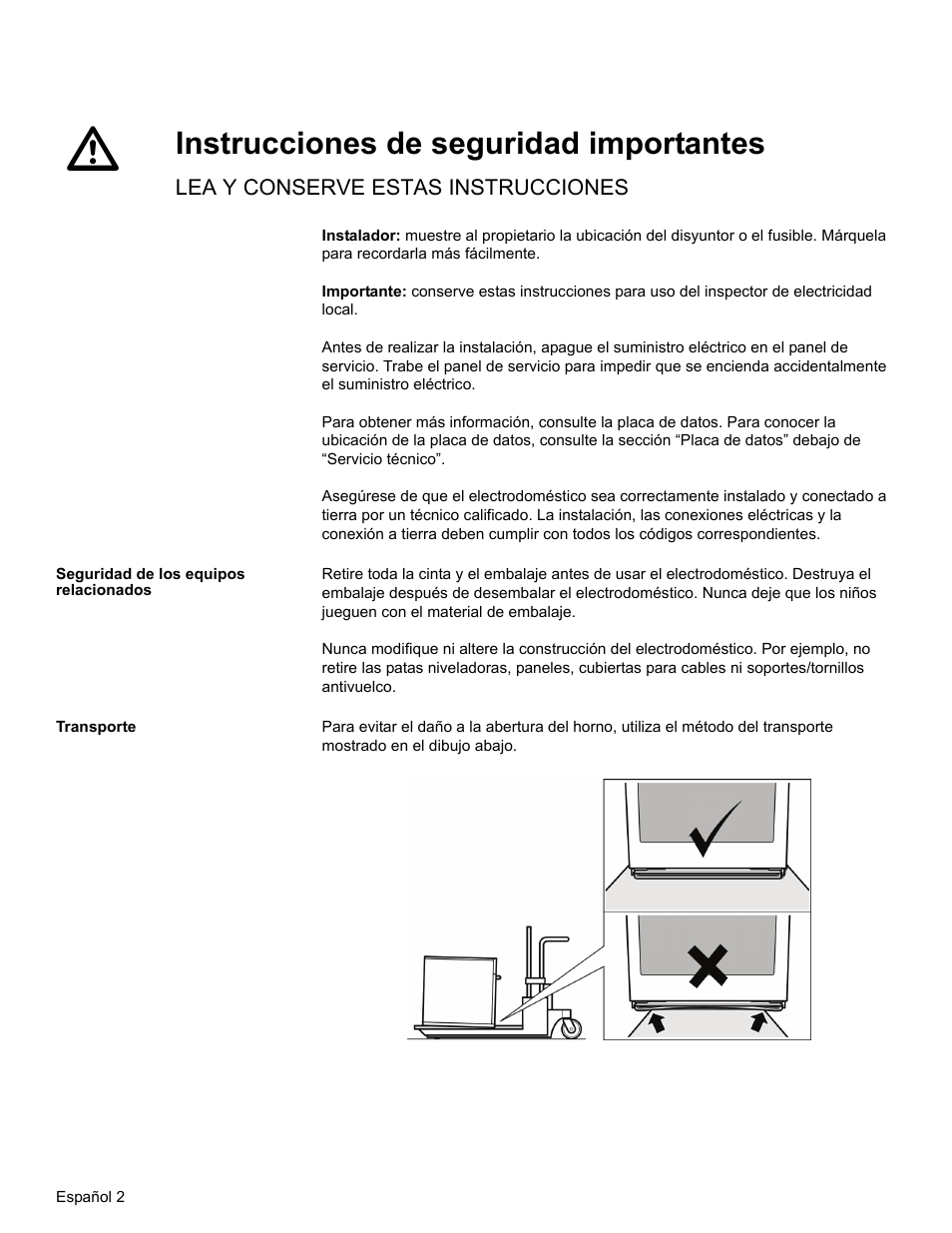 Instrucciones de seguridad importantes, Lea y conserve estas instrucciones, Seguridad de los equipos relacionados | Transporte | Thermador MEMC301 User Manual | Page 17 / 44