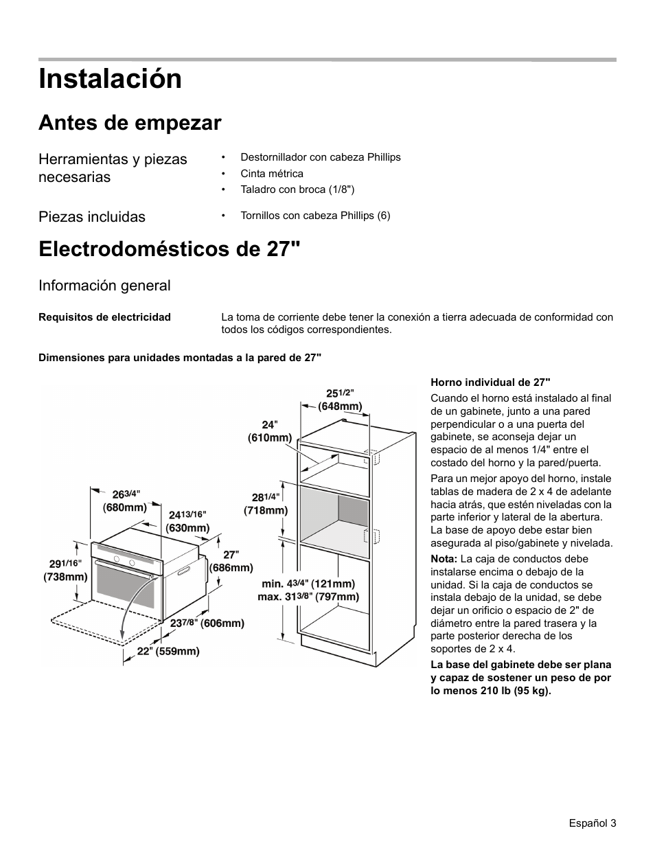 Instalación, Antes de empezar, Herramientas y piezas necesarias | Piezas incluidas, Electrodomésticos de 27, Información general, Requisitos de electricidad | Thermador MEMC301 User Manual | Page 18 / 44