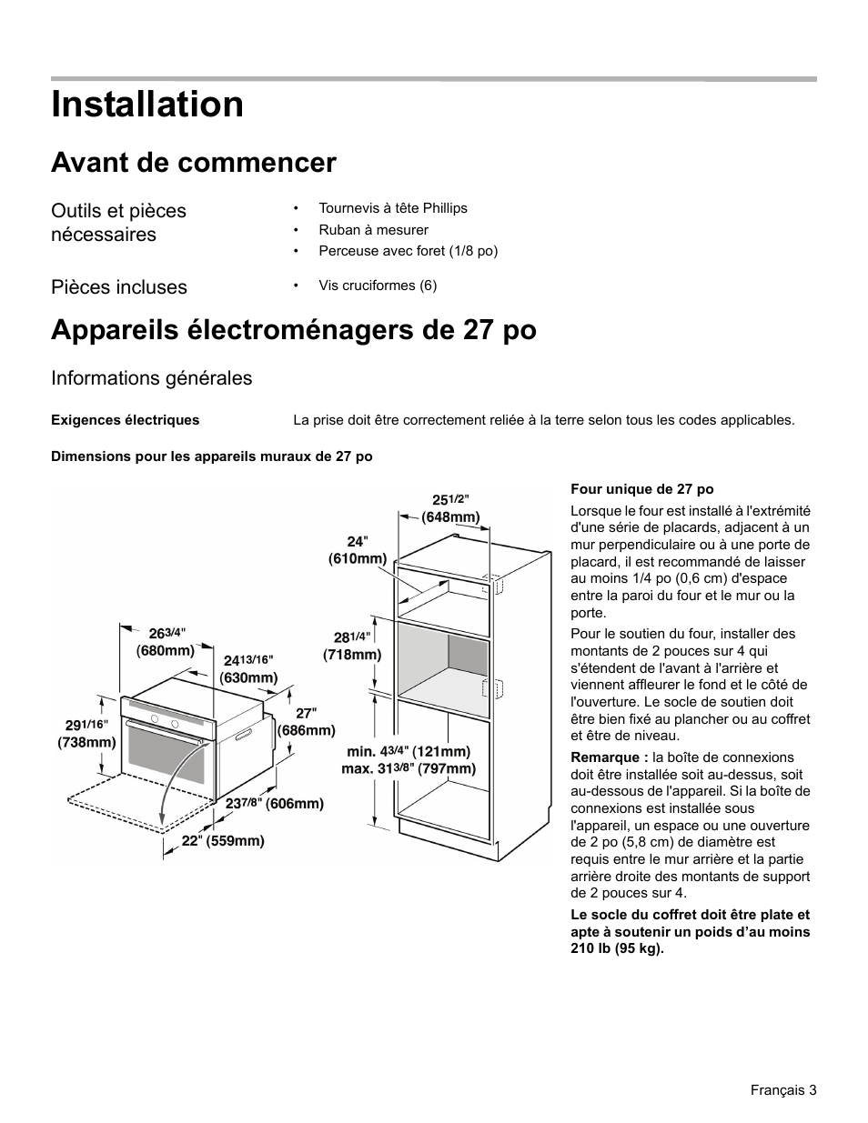 Installation, Avant de commencer, Outils et pièces nécessaires | Pièces incluses, Appareils électroménagers de 27 po, Informations générales, Exigences électriques, Dimensions pour les appareils muraux de 27 po | Thermador MEMC301 User Manual | Page 32 / 44