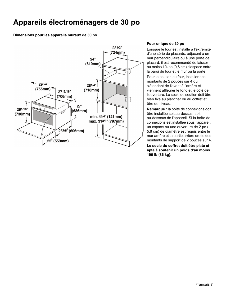 Appareils électroménagers de 30 po, Dimensions pour les appareils muraux de 30 po | Thermador MEMC301 User Manual | Page 36 / 44