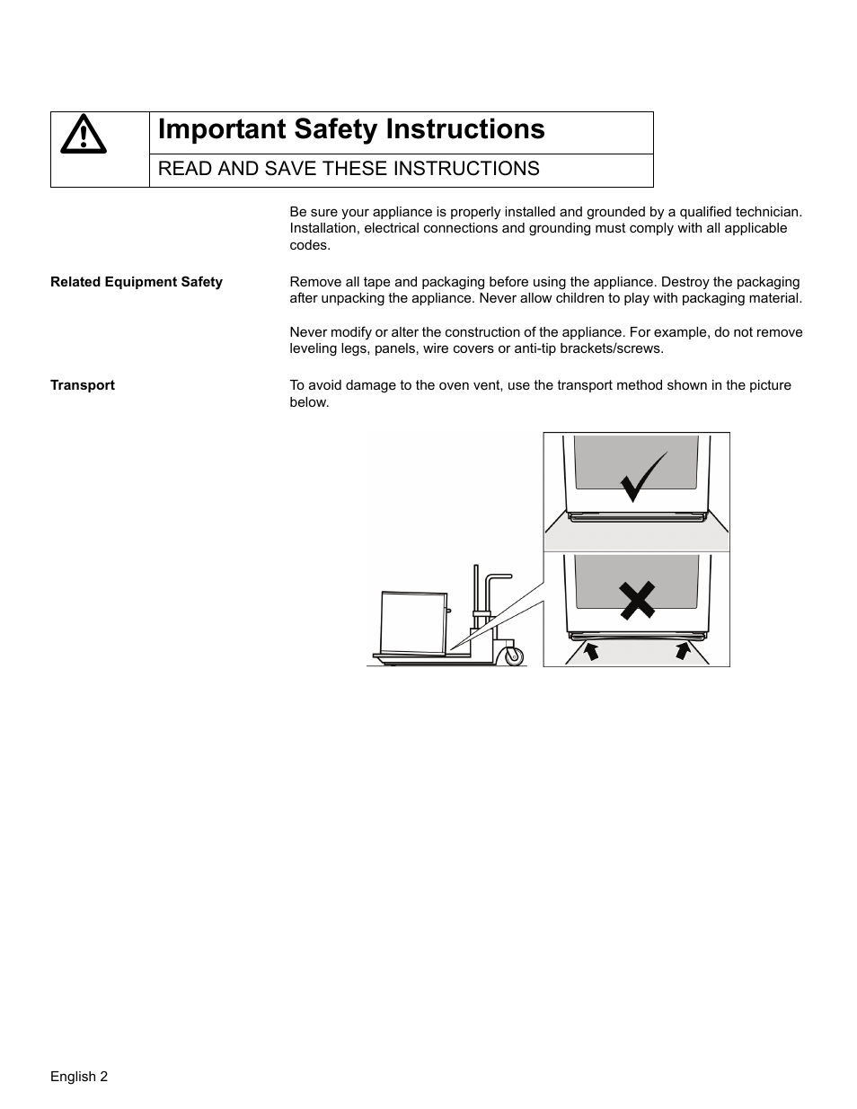 Important safety instructions, Read and save these instructions, Related equipment safety | Transport | Thermador MEMC301 User Manual | Page 4 / 44