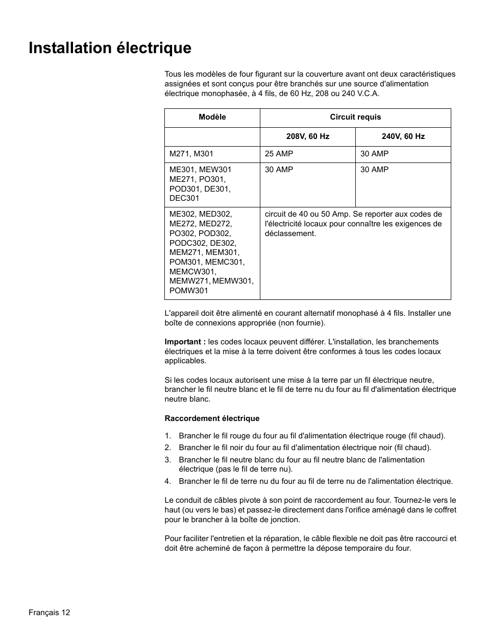 Installation électrique | Thermador MEMC301 User Manual | Page 41 / 44