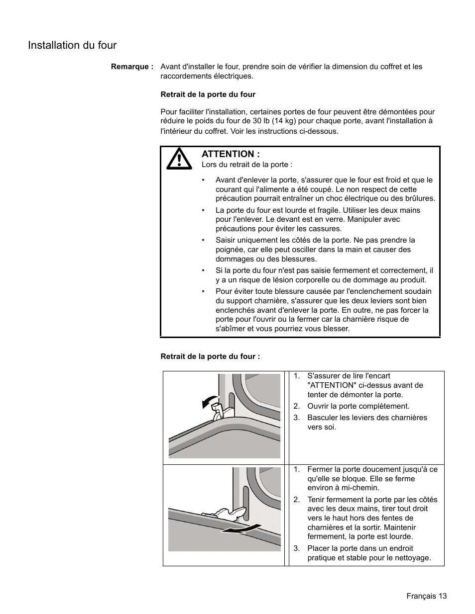 Installation du four, Remarque, Ouvrir la porte complètement | Basculer les leviers des charnières vers soi | Thermador MEMC301 User Manual | Page 42 / 44