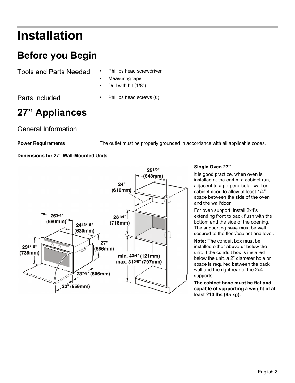 Installation, Before you begin, Tools and parts needed | Parts included, 27” appliances, General information, Power requirements, Dimensions for 27” wall-mounted units | Thermador MEMC301 User Manual | Page 5 / 44