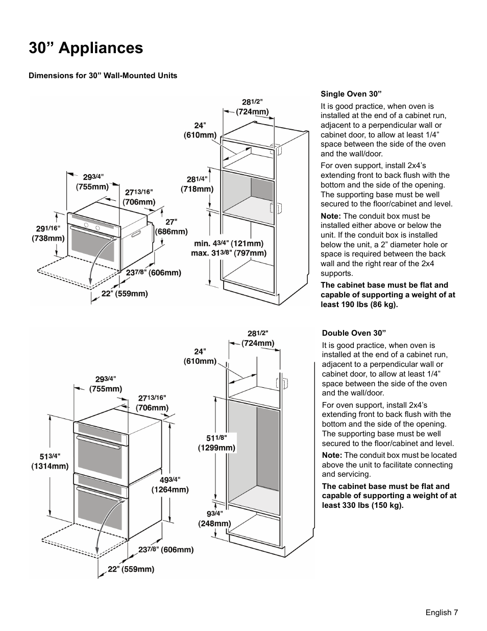 30” appliances, Dimensions for 30” wall-mounted units | Thermador MEMC301 User Manual | Page 9 / 44