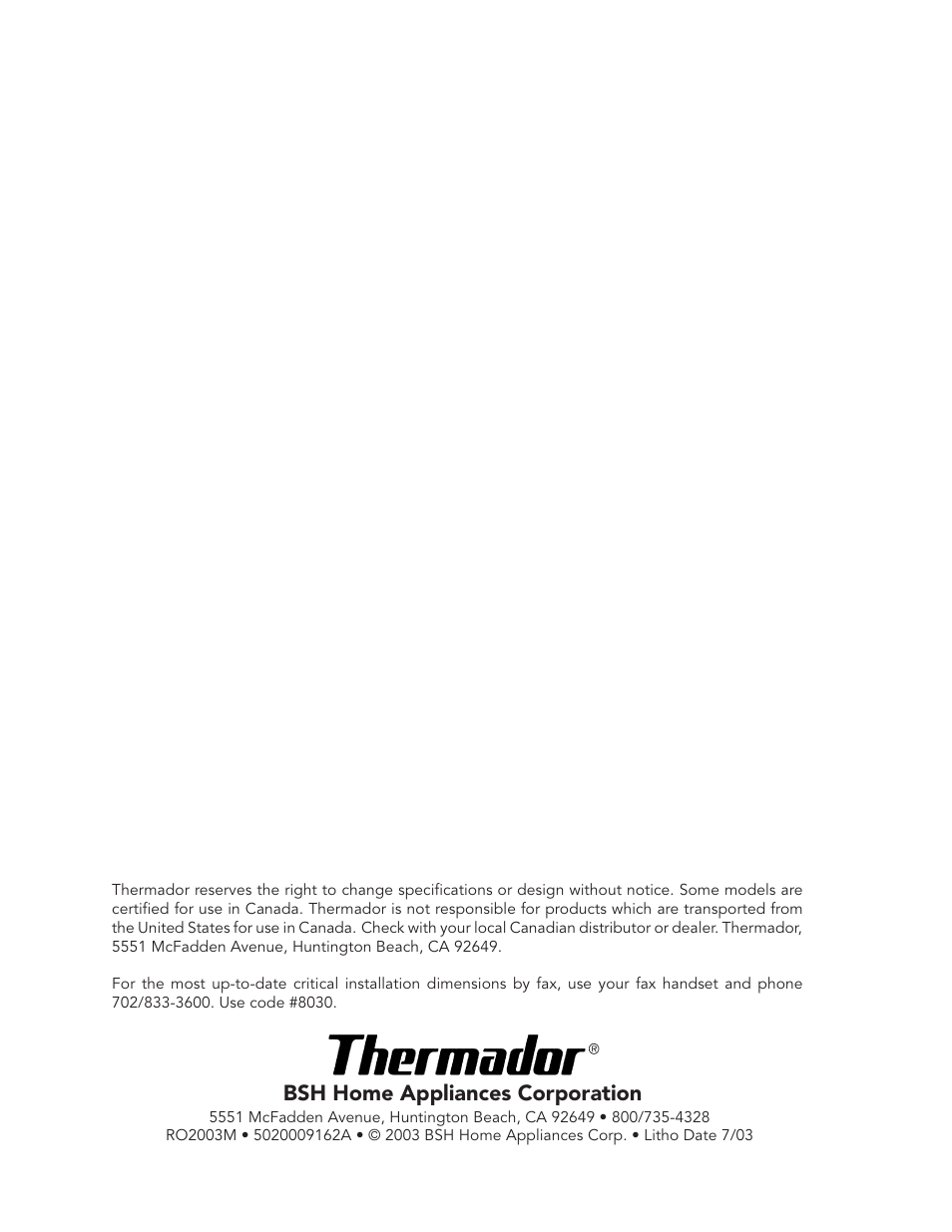 Bsh home appliances corporation | Thermador MBB User Manual | Page 8 / 8