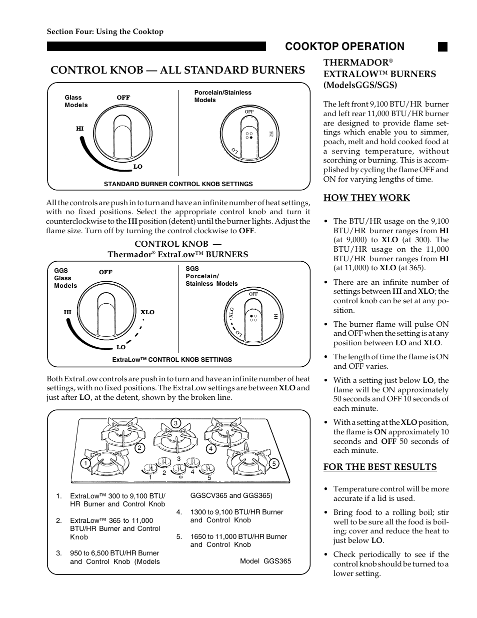 Control knob — all standard burners, Cooktop operation, Thermador | Extralow™ burners (modelsggs/sgs), How they work, For the best results | Thermador GGN30 User Manual | Page 13 / 32