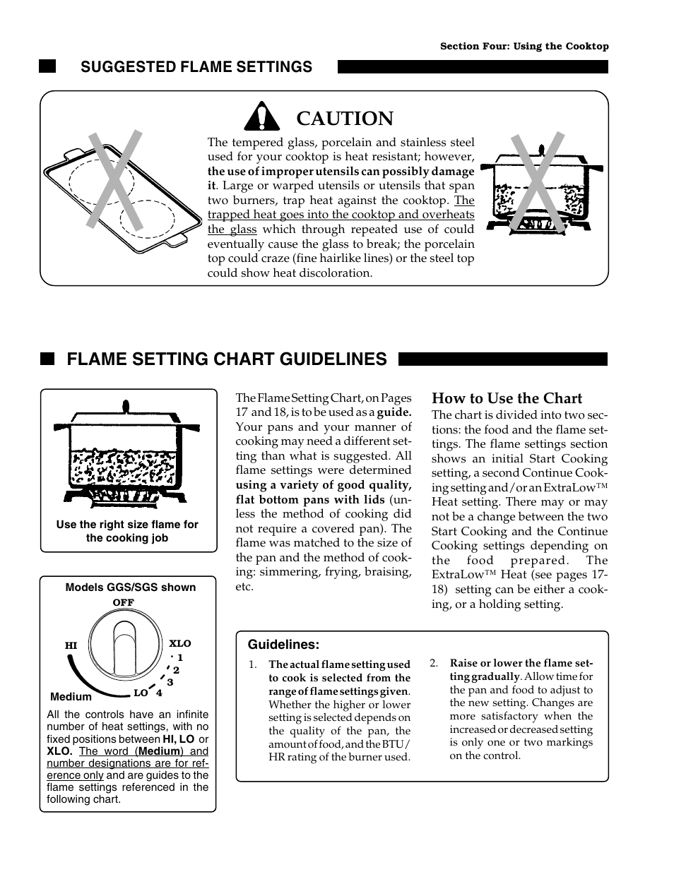 Caution, Flame setting chart guidelines, Suggested flame settings | How to use the chart | Thermador GGN30 User Manual | Page 18 / 32